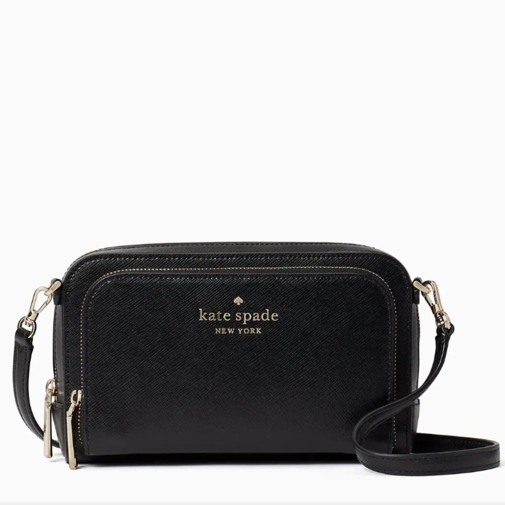 kate spade Black Leather Crossbody Camera Bag with Gold Hardware